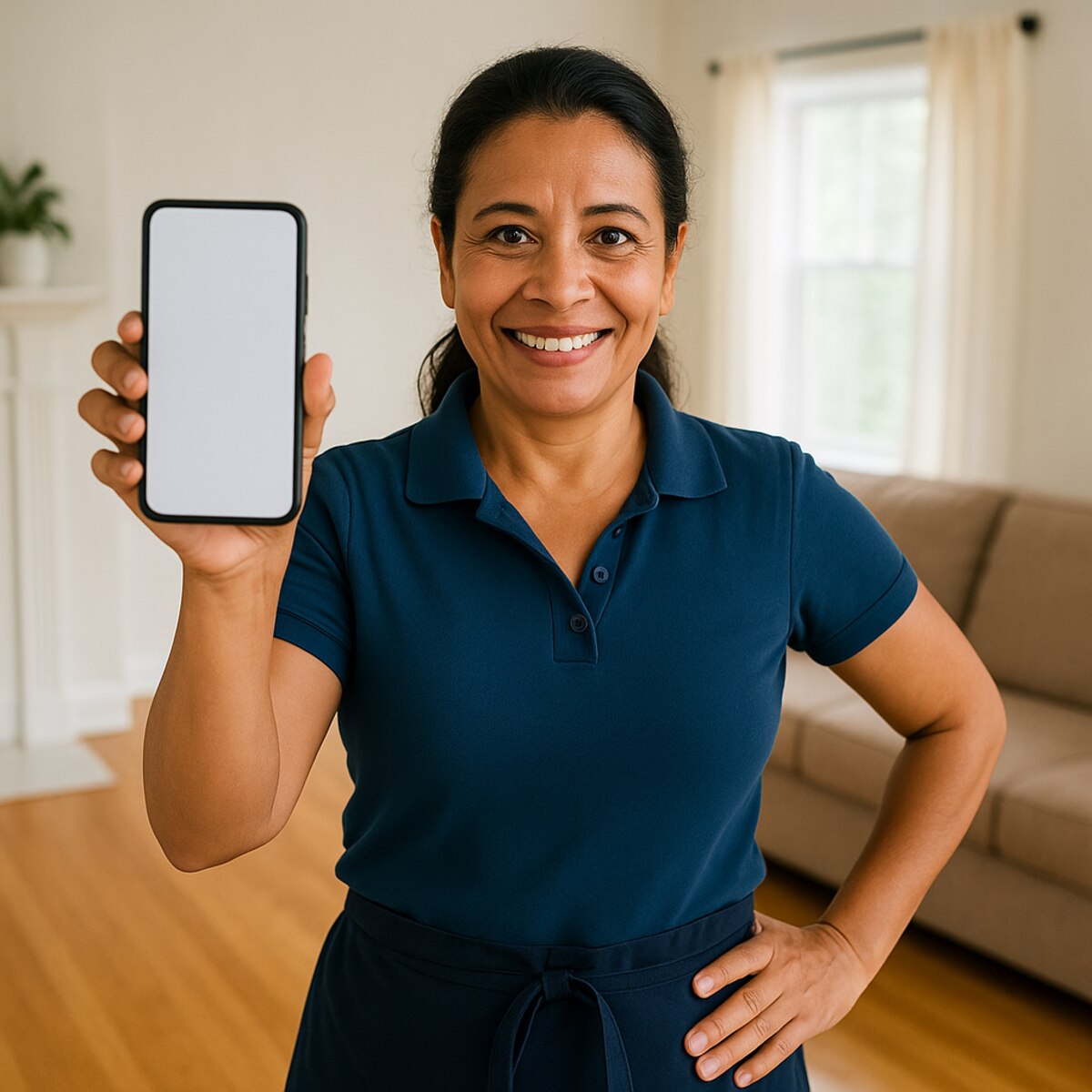 Latina que hace house cleaning en Estados Unidos mostrando en el celular la respuesta lista en inglés para el cliente